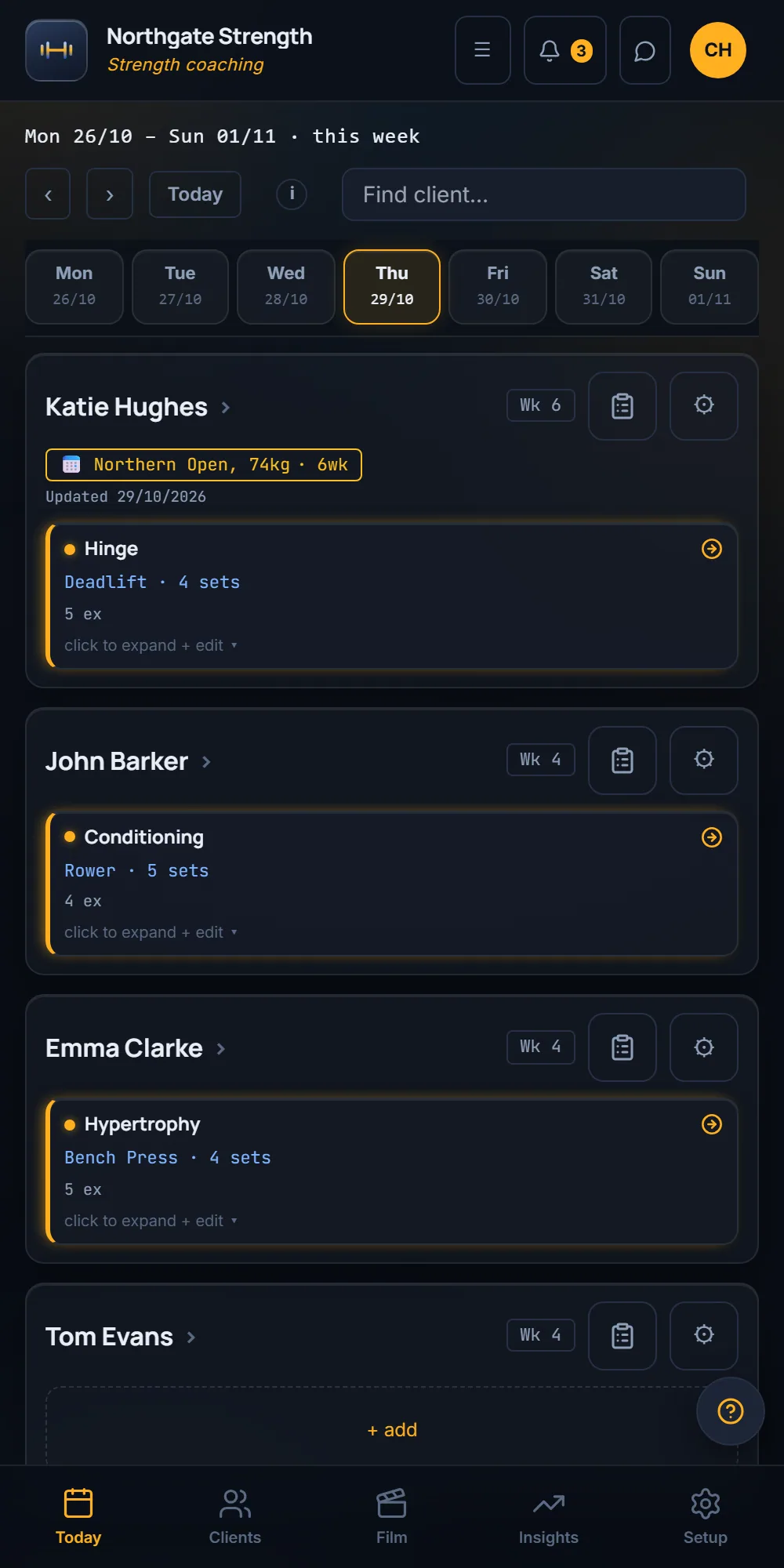 The coach's week on a phone: each client with their next session